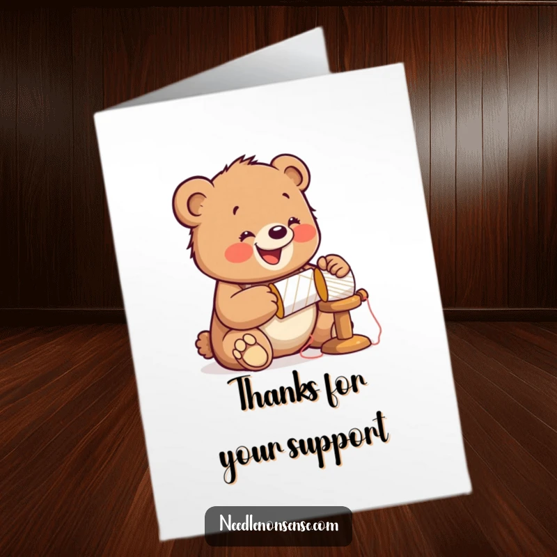 Funny Free Printable Thank You Card: A jolly bear cub wearing a thimble pounds on a spool, saying thanks.