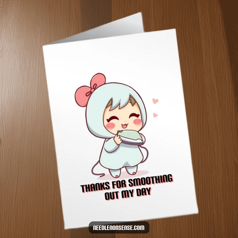 Funny Free Printable thank you card with a blushing character trying to iron a non-existent wrinkle out of the air, a DIY gift.