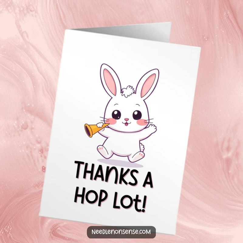 Funny Free Printable Thank You Card featuring a bouncing kawaii bunny with wide eyes, holding a party horn to express thanks.
