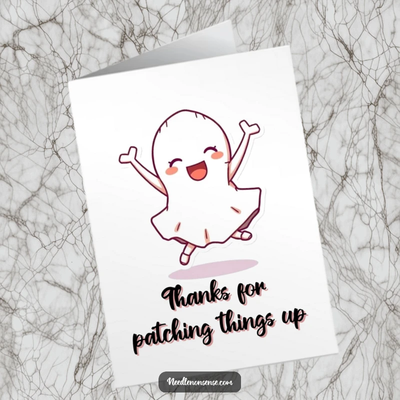 Funny Free Printable Thank You Card with a happy fabric scrap character performing a joyful cartwheel.