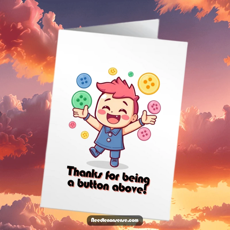 Funny Free Printable Thank You Card: Happy character expertly juggles a cascade of colorful sewing buttons, expressing gratitude.
