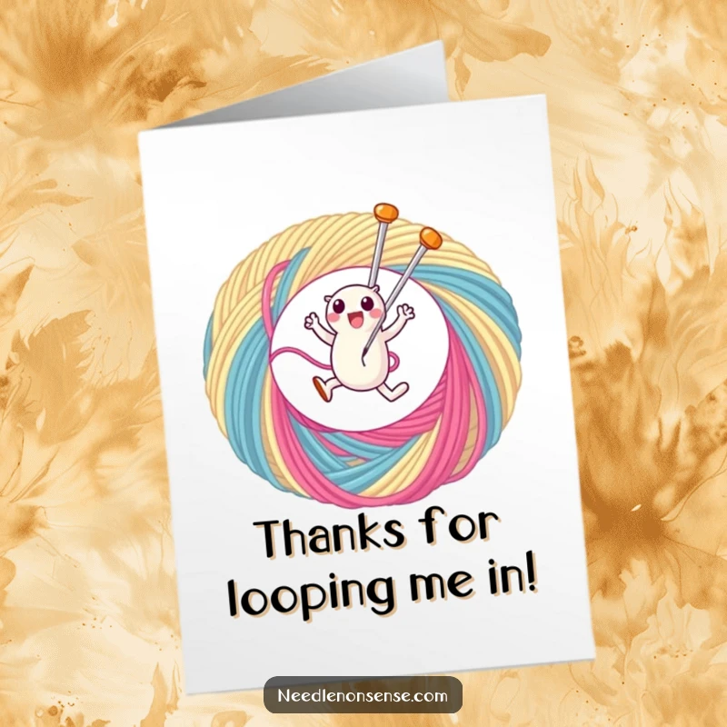 Funny Free Printable Thank You Card: A cute needle character energetically leaping through a loop of colorful thread.