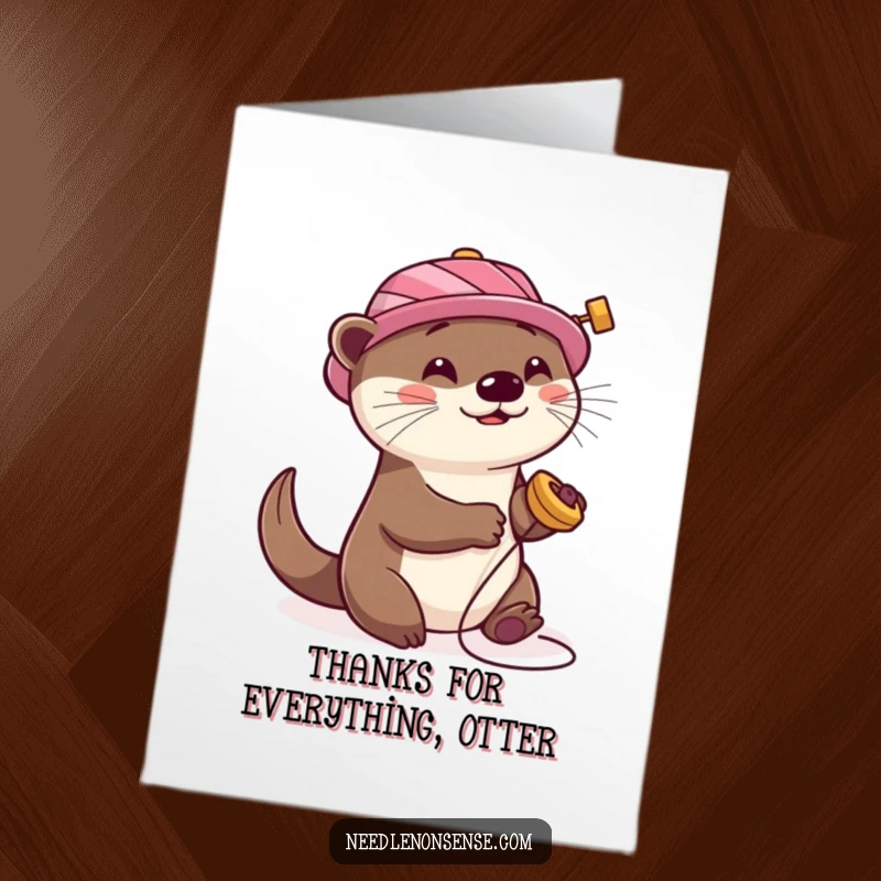 Funny Free Printable Thank You Card: A playful otter wearing a spool hat spins happily, conveying thanks.