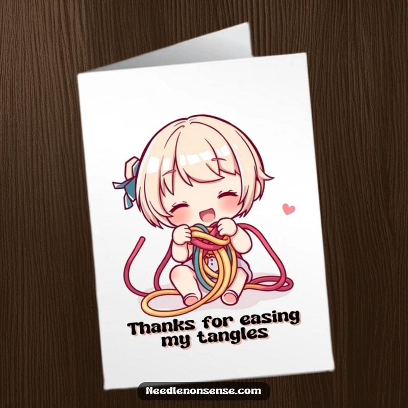 Funny Free Printable Thank You Card: Character joyfully untangling a huge mess of colorful yarn, a grateful thank you.