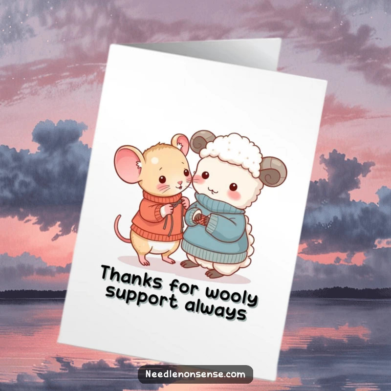 Funny Free Printable Thank You Card: Mouse knits a sweater for a sheep, a truly thoughtful thank you.