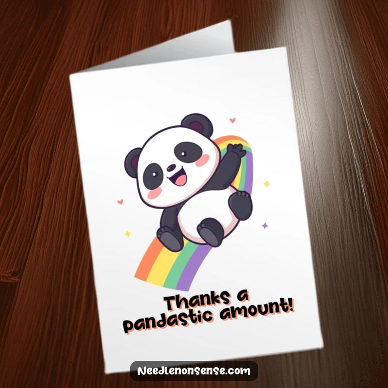 Funny Free Printable Thank You Card with a kawaii panda descending a rainbow, conveying joyful thanks.