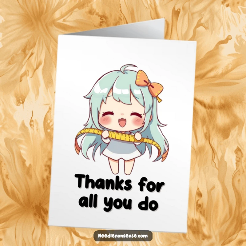 Funny Free Printable Thank You Card: Character precisely measuring a long ribbon, expressing gratitude for thoughtful effort.