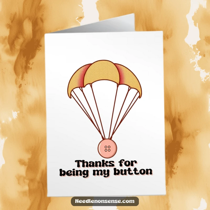 Funny Free Printable Thank You Card: Tiny button parachuting on fabric, a cute and whimsical thank you.