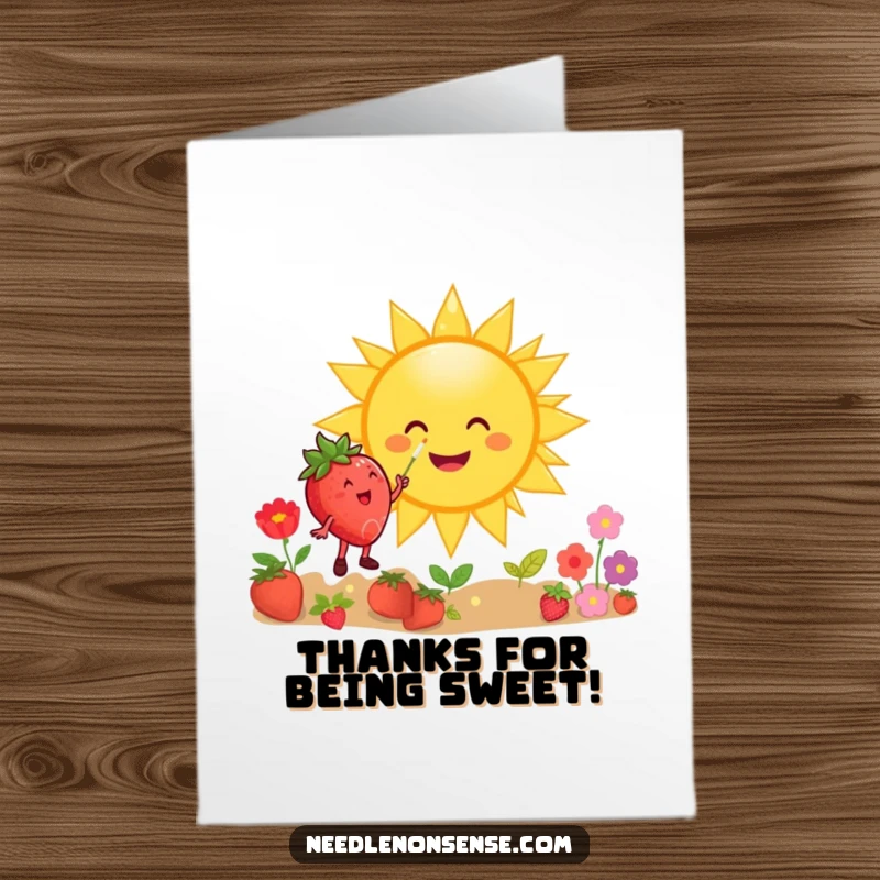 Funny Free Printable Thank You Card: A happy strawberry joyfully paints a giant smiling sun, a warm DIY gift.