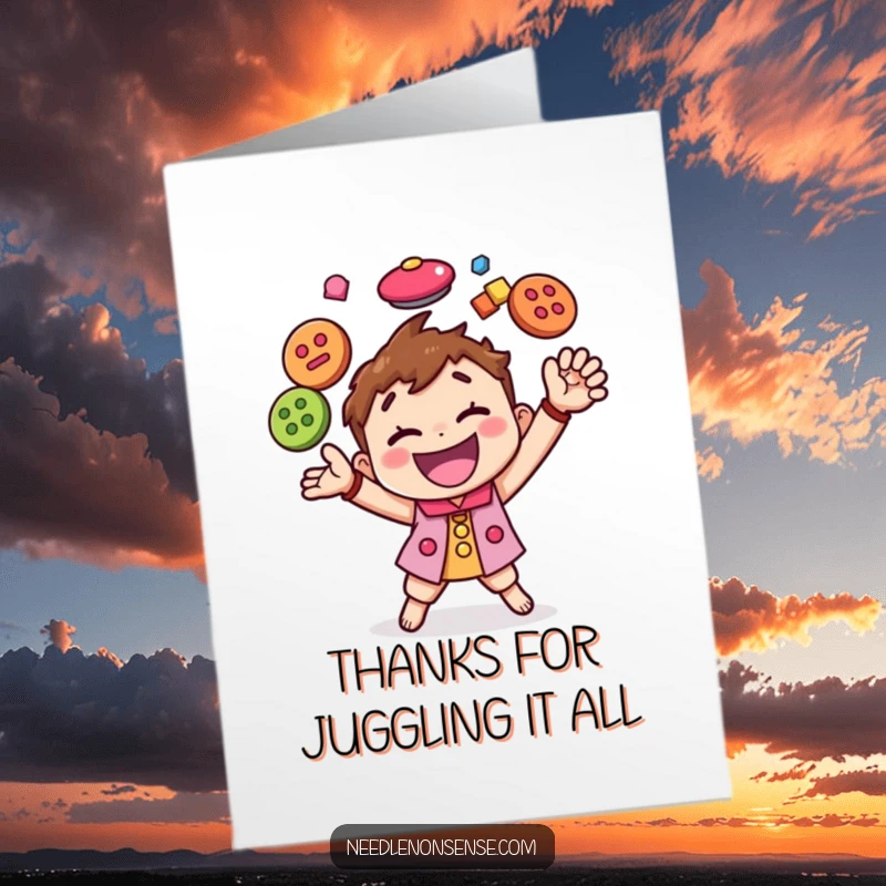 Funny Free Printable Thank You Card: Happy character juggling colorful buttons with energetic motion, a fun way to say thanks.