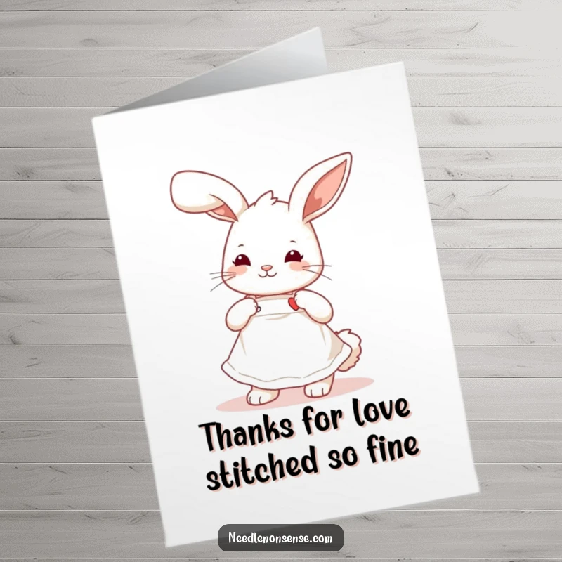 Funny Free Printable Thank You Card: Adorable bunny in an apron, stitching a tiny heart, a sweet thank you.