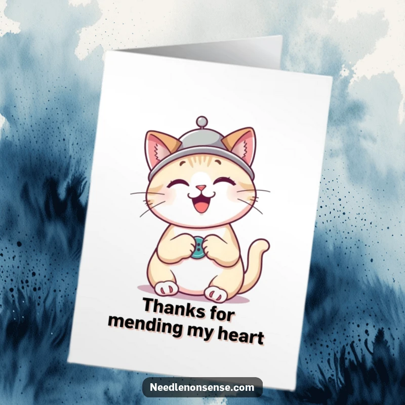 Funny Free Printable Thank You Card: Cute cat wearing a thimble hat, happily sewing a button, a stitch of gratitude.