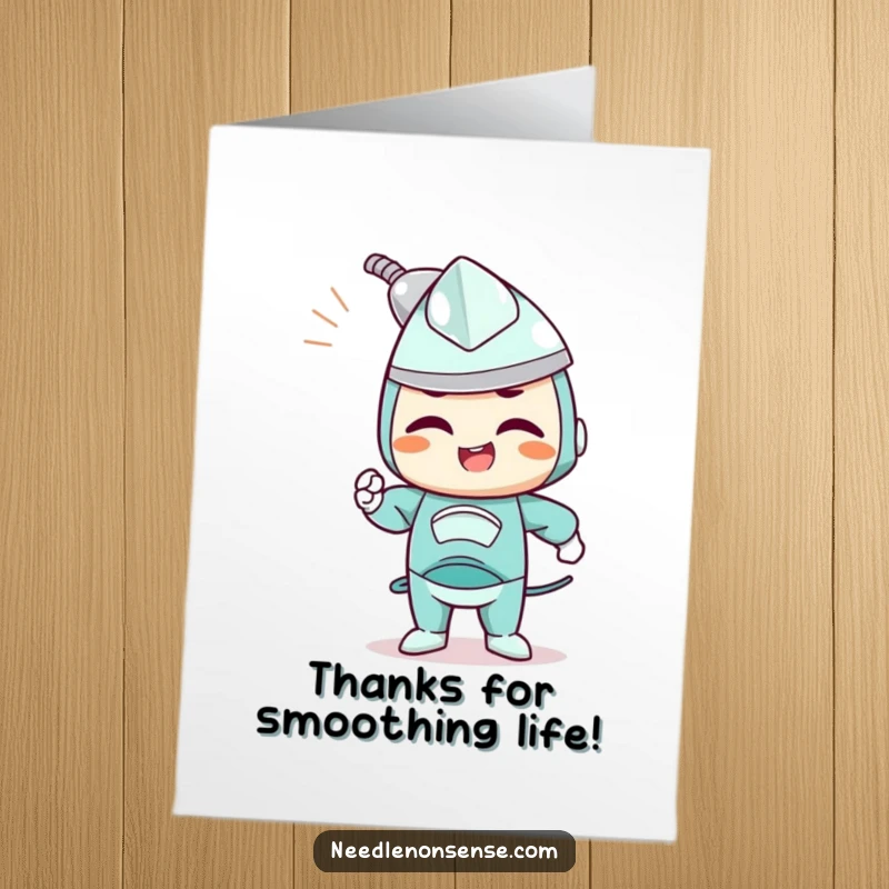 Funny Free Printable Thank You Card: a determined iron character joyfully smoothing out wrinkles, making thanks perfectly crisp.