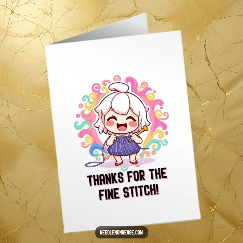 Funny Free Printable Thank You Card: A delighted needle character is joyfully stitching a beautiful, swirling, colorful pattern, artistic thanks.