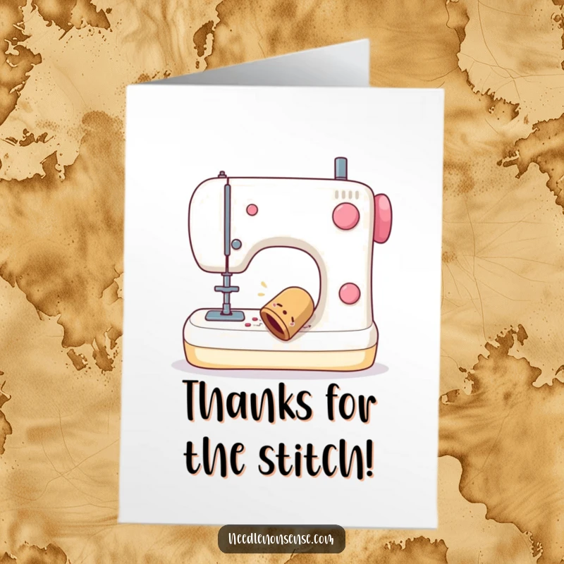 Funny free printable thank you card with a comically wobbling thimble escaping a sewing machine.