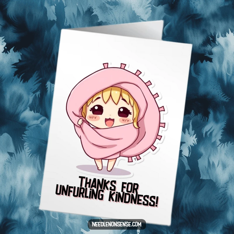 Funny Free Printable Thank You Card: a curious fabric swatch character excitedly unfurling itself, presenting a heartfelt thank you.