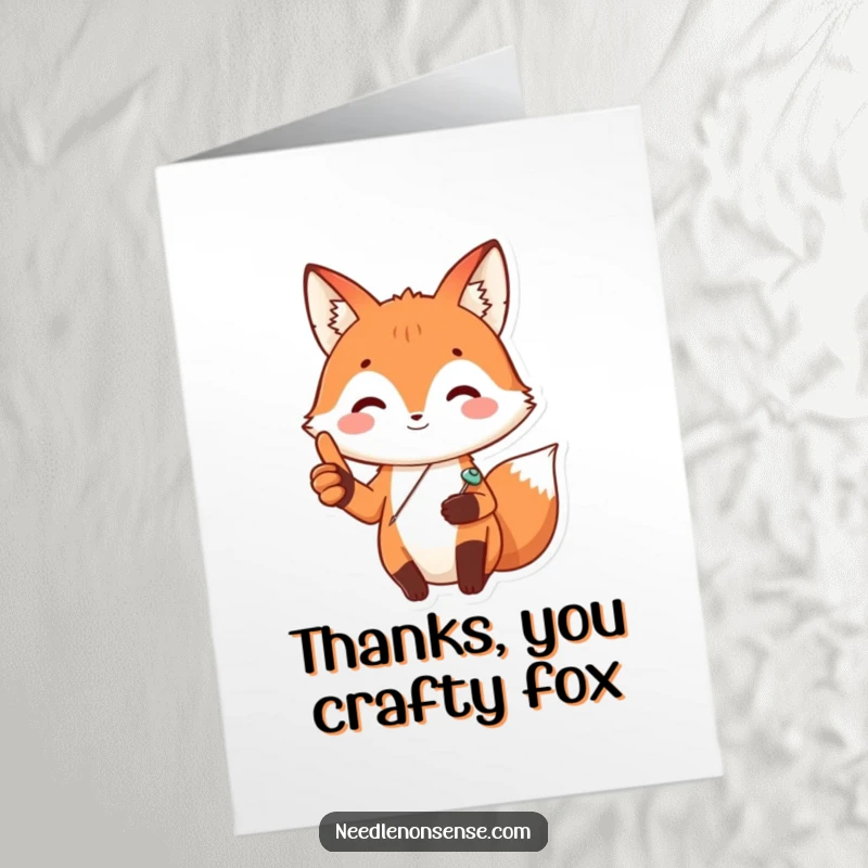 Funny Free Printable Thank You Card: A happy fox sporting a sewing pin gives a thumbs up of thanks.
