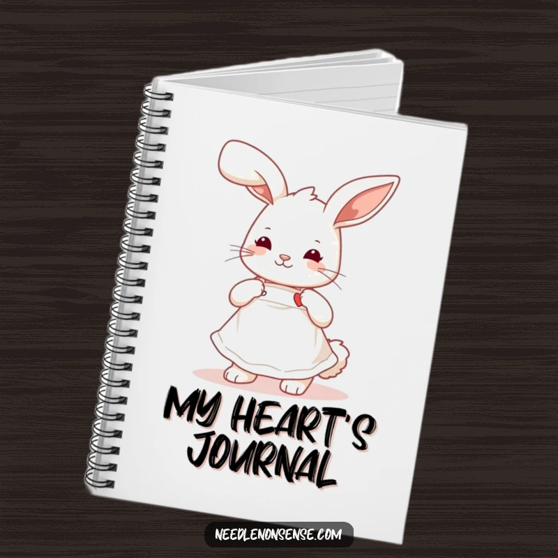 Funny playful bunny wearing a cute apron, stitching a tiny heart, a cute and humorous notebook for jotting ideas.