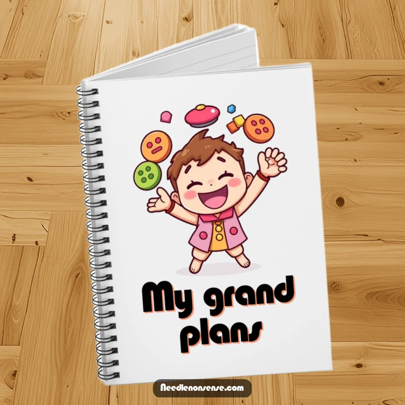 Funny notebook with a happy character juggling colorful buttons, perfect for storing notes and creative brainstorming with humor.