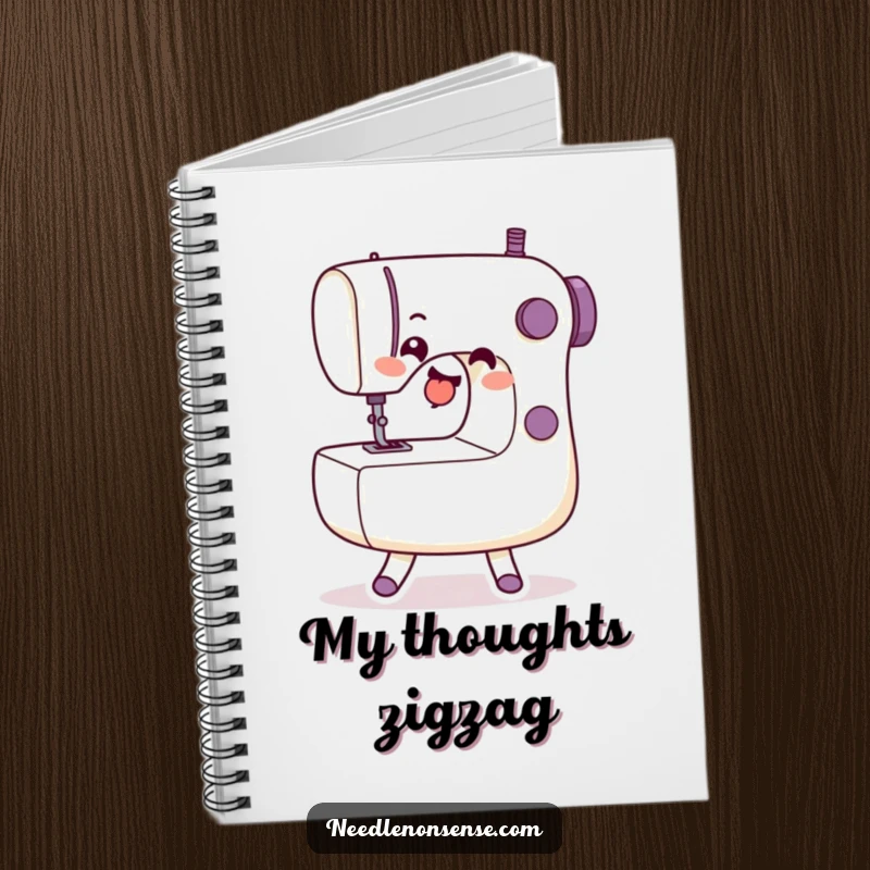 Funny Notebook with a dancing sewing machine character, ideal for journaling sewing projects and creative thoughts.