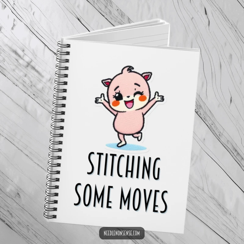 Funny notebook featuring a determined fabric patch character dancing happily, designed for jotting down notes with a stylish flair.