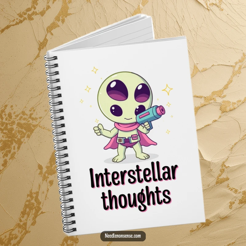 Funny kawaii alien waving a ray gun that shoots sparkles, a humorous and cute design on this notebook, perfect for jotting notes.