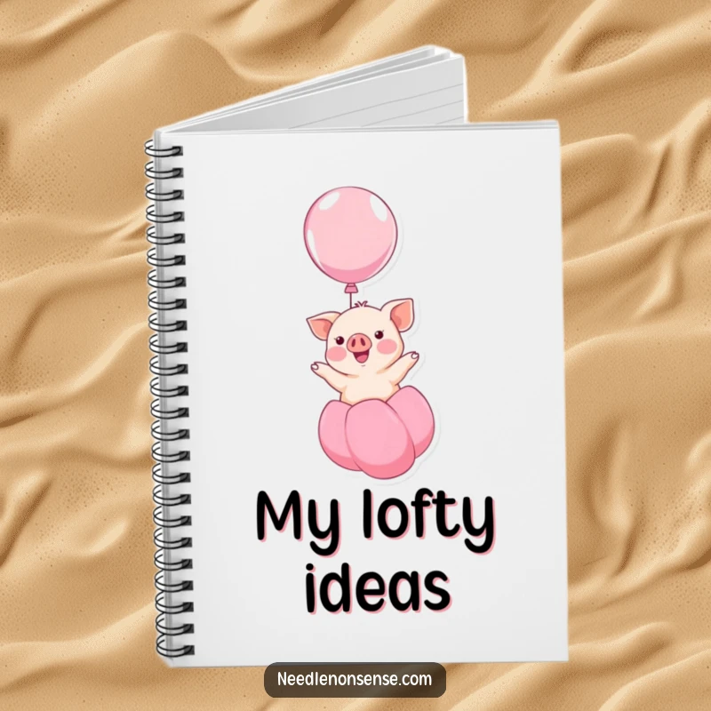 Funny kawaii piglet smiling while floating upwards on a balloon, a humorous and cute design on this notebook, perfect for jotting notes.