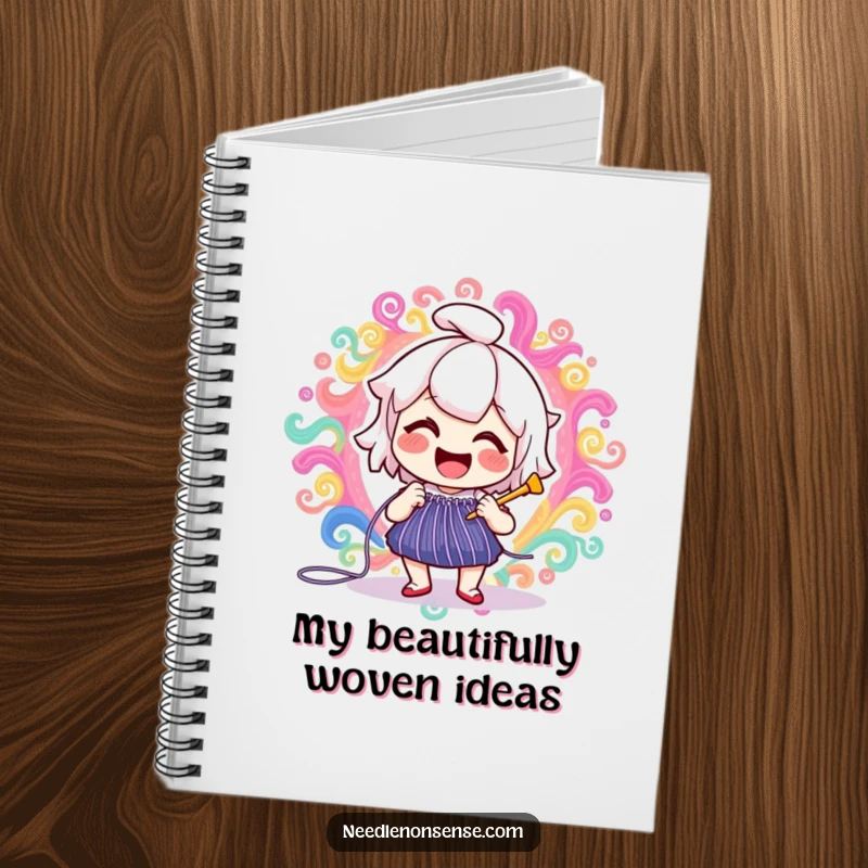 Funny delighted needle character joyfully stitching a vibrant, swirling pattern, inspiring notes and doodles in this funny notebook.