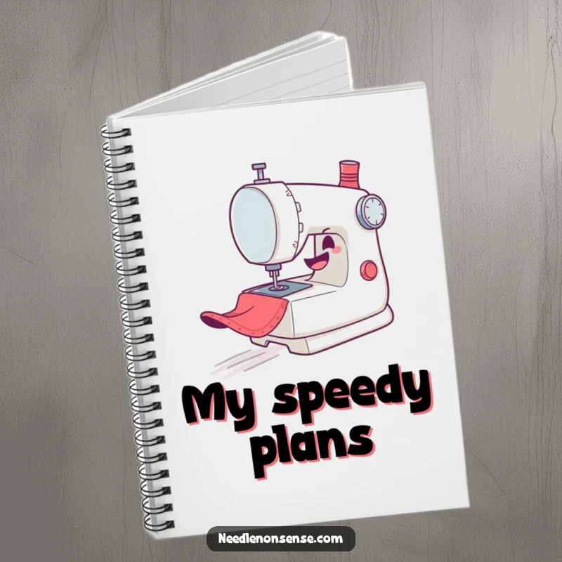 Funny Notebook: A mischievous sewing machine character gleefully zooms across fabric, ideal for capturing sewing projects and ideas.