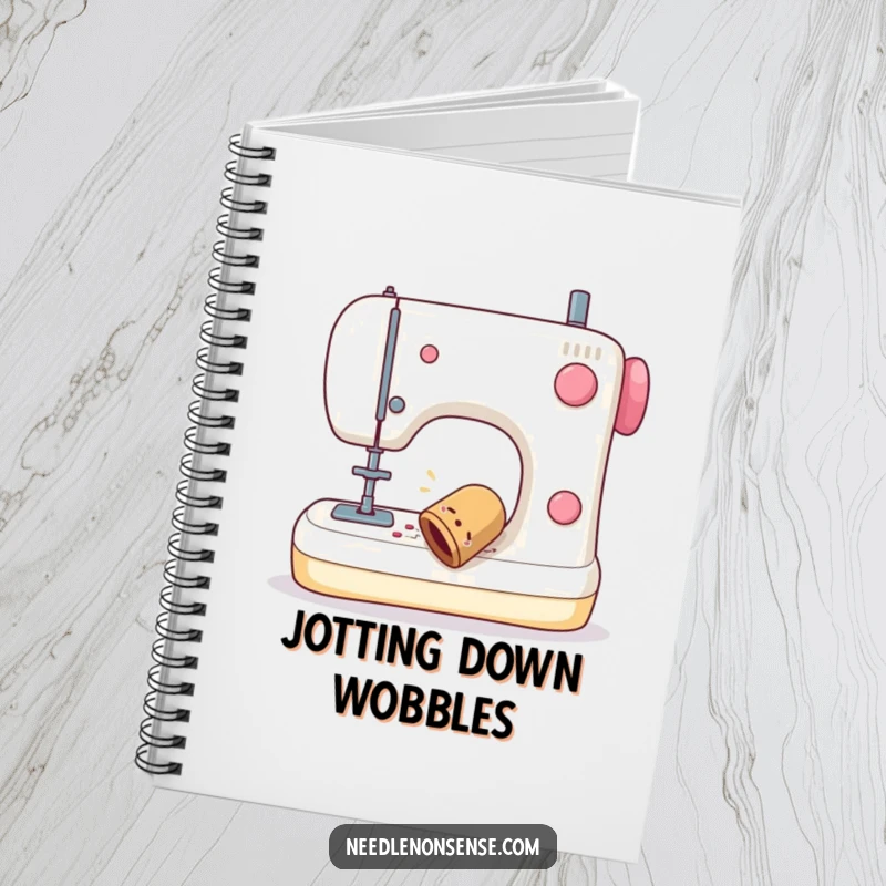 Funny notebook featuring a sewing thimble caught in a comical wobble as it falls from a sewing machine, great for note-taking.