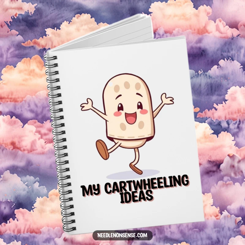 Funny playful thimble character performing a triumphant cartwheel, cover design on a notebook.
