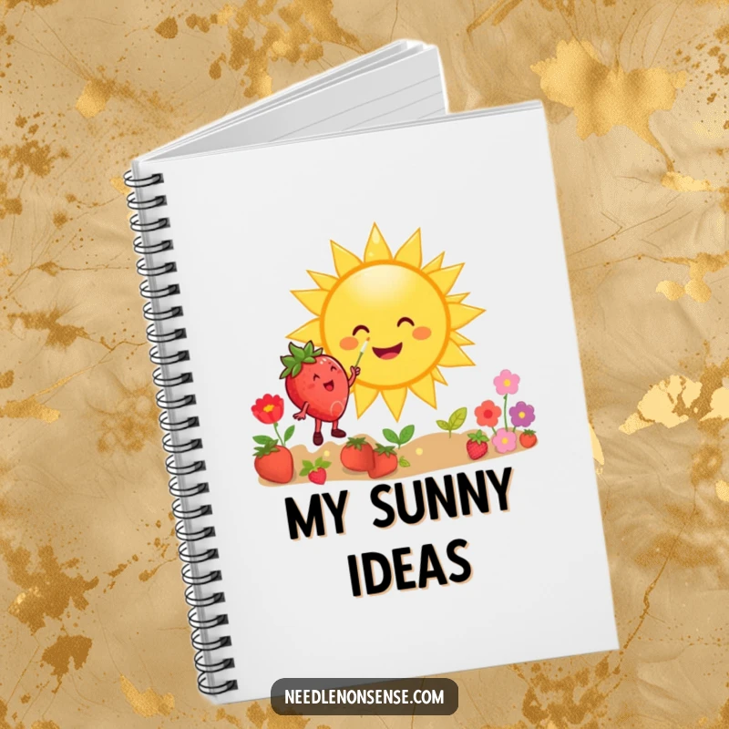 Funny notebook cover showing a happy strawberry character joyfully painting a giant smiling sun, perfect for artistic expression.