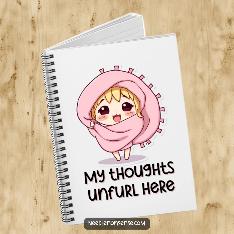 Funny notebook with a curious fabric swatch character excitedly unfurling, ideal for capturing creative ideas.