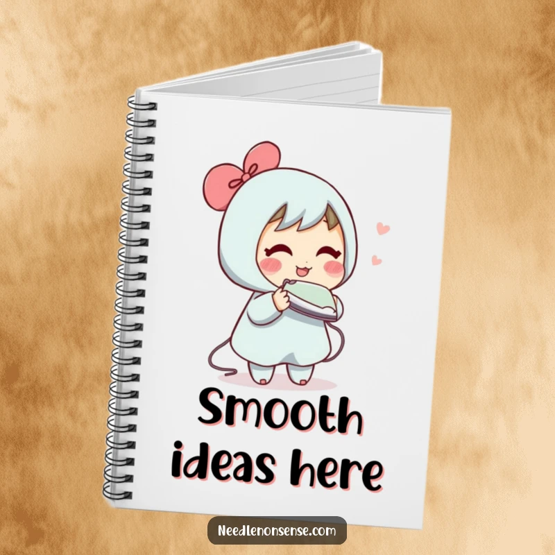 Funny notebook featuring a blushing character humorously trying to iron a wrinkle out of the air, for jotting down absurd thoughts.