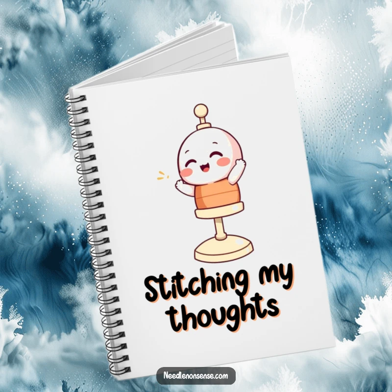 Funny notebook with a giggling bobbin character spinning happily, designed for note-taking with a touch of sewing humor.