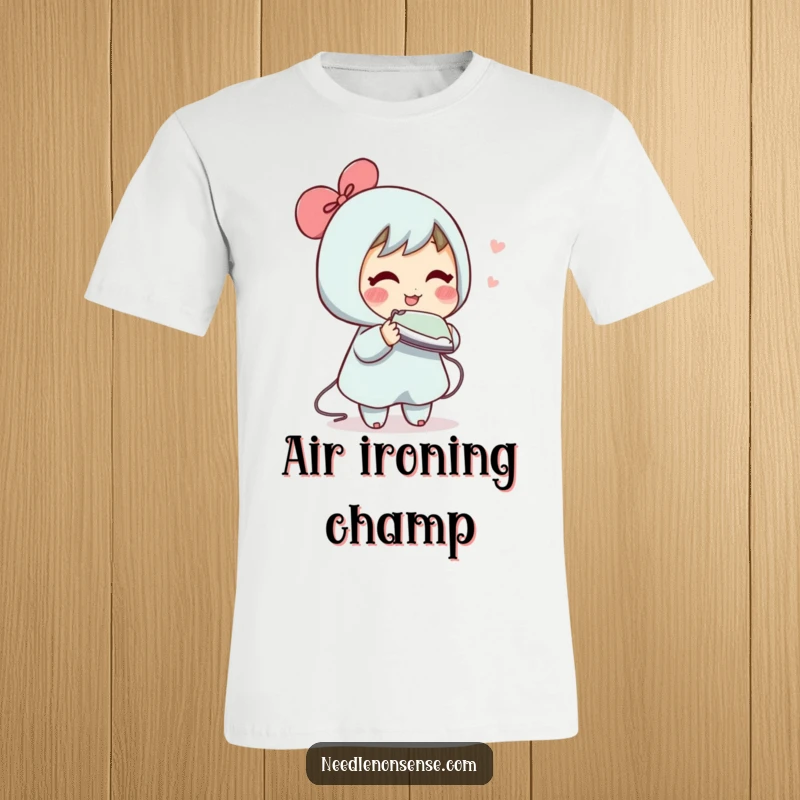 Funny t-shirt with a blushing character humorously trying to iron out an imaginary wrinkle from the air, a symbol of futile efforts.