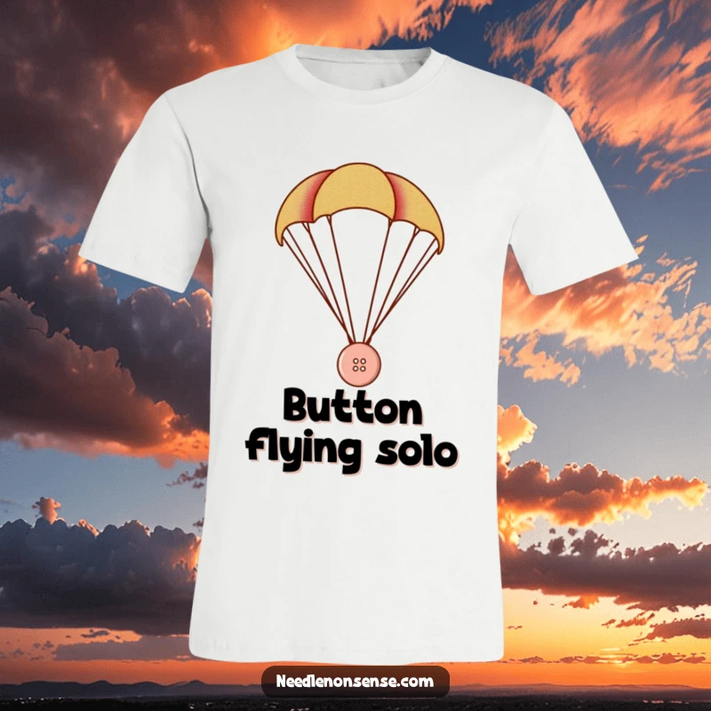 Funny Button Parachute T-Shirt, a tiny button parachutes with a colorful fabric swatch, funny adventure shirt.