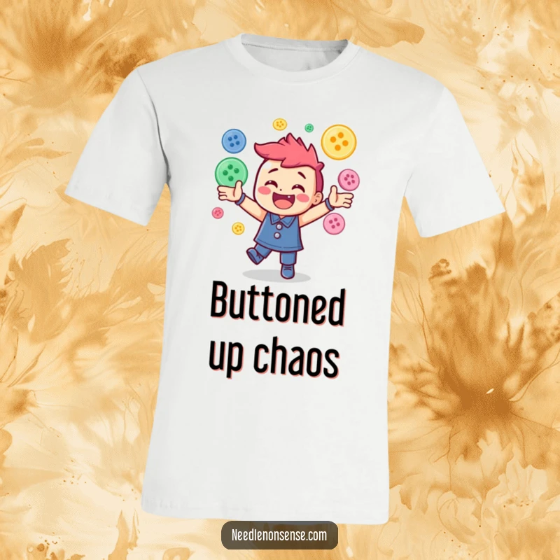 Funny t-shirt with a happy character caught in the act of energetically juggling many colorful sewing buttons, a humorous visual.