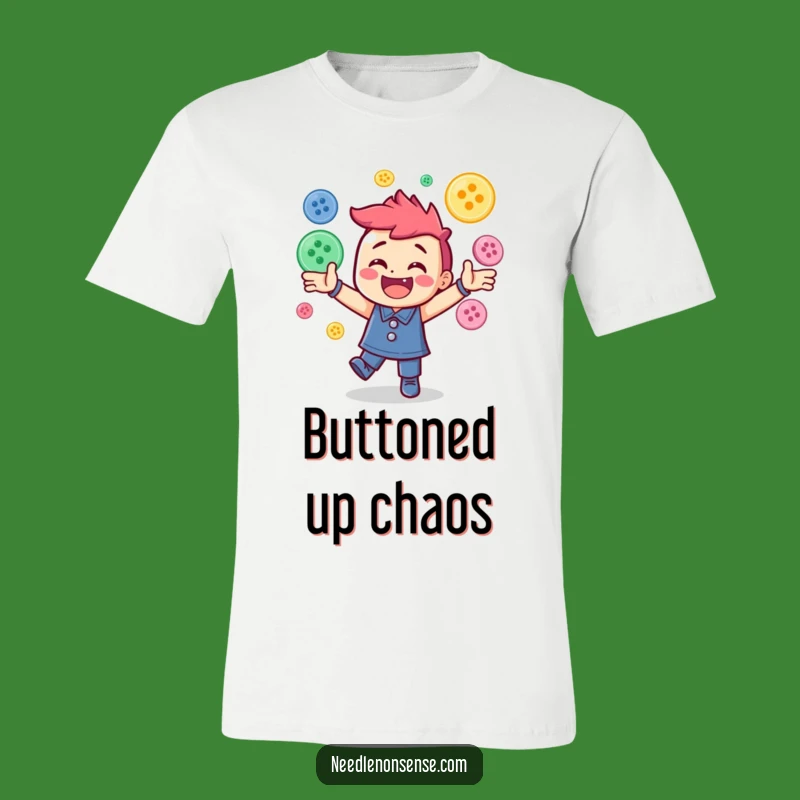 Funny Button Juggling T-Shirt: Energetic Character Tee for Sewing Fans