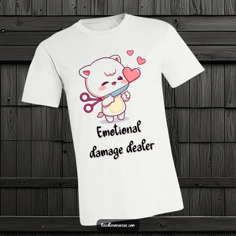Funny T-Shirt: Mischievous character playfully cutting a floating heart with scissors, a bold and humorous design.