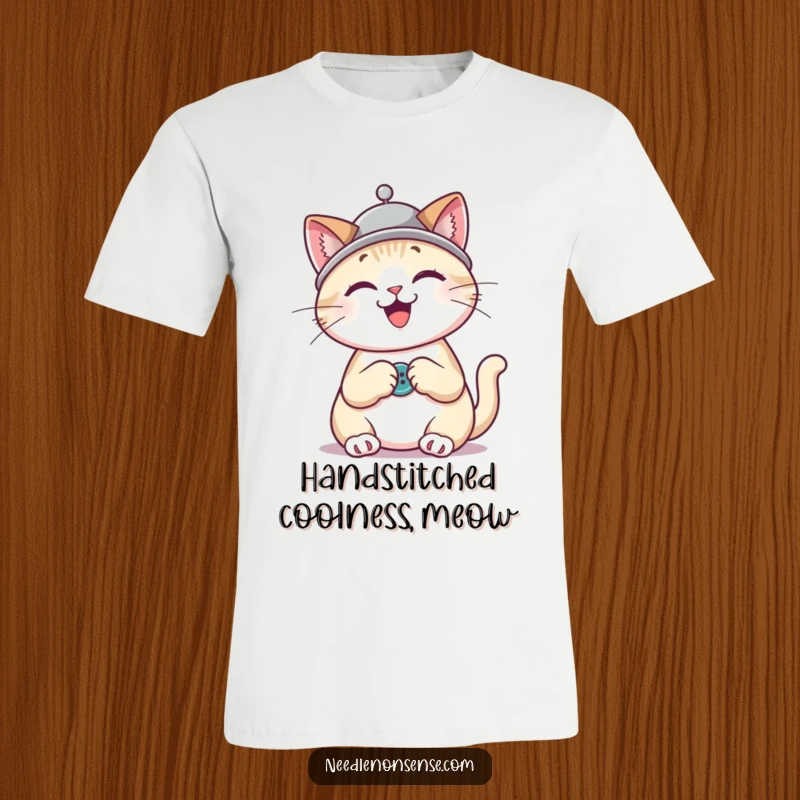 Funny cat wearing a thimble hat sewing with a button, a cheerful and humorous t-shirt design for crafters.