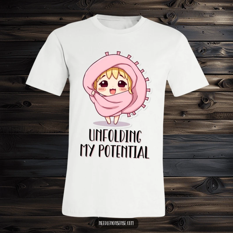 Funny t-shirt with a curious fabric swatch character excitedly unfurling, showcasing a passion for textiles.