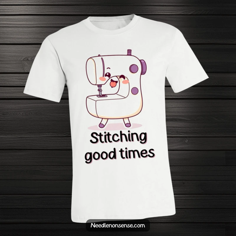 Funny T-Shirt showcasing a joyful sewing machine character in mid-dance, radiating happiness and a love for sewing.