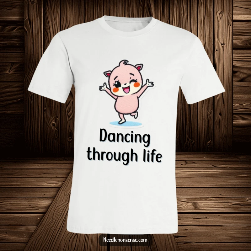 Funny t-shirt showing a determined fabric patch character doing a happy dance, perfect for crafters with a lively spirit.