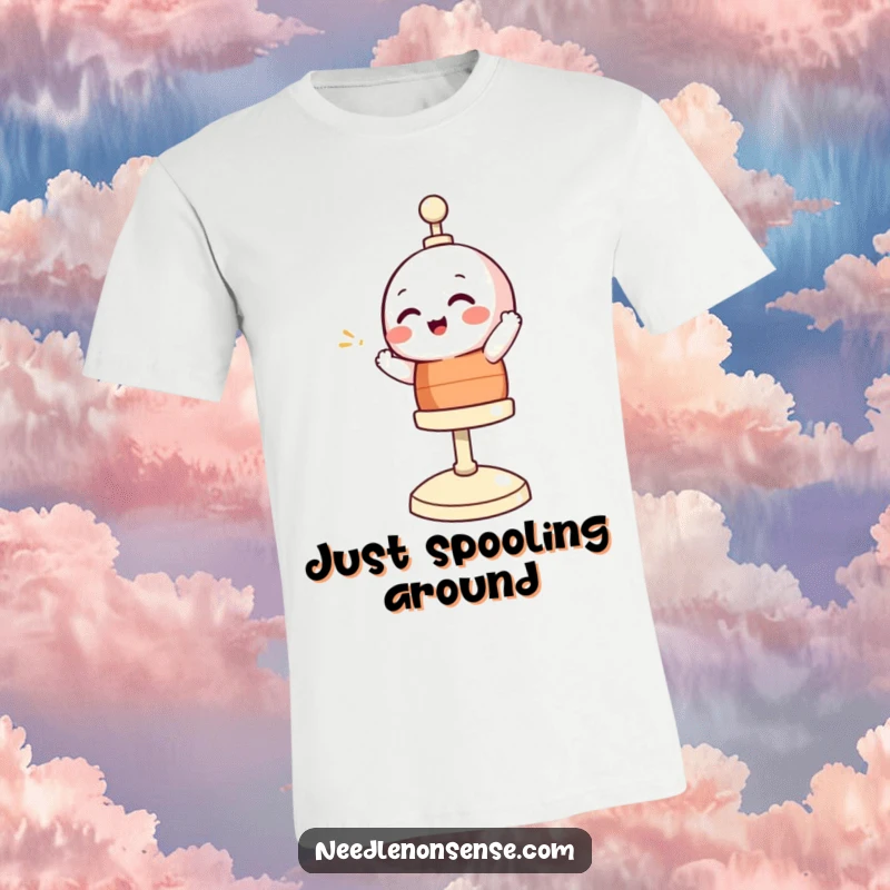 Funny t-shirt showcasing a giggling bobbin character spinning with glee, perfect for sewing enthusiasts who appreciate humor.