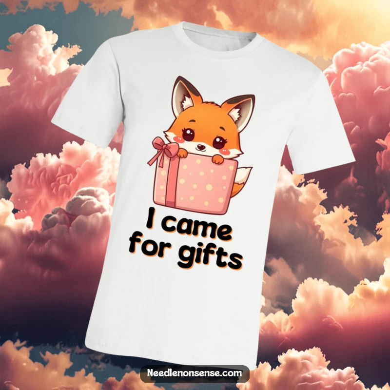 Funny kawaii fox peeking from behind a massive, colorful gift, a cute and hilarious design on this t-shirt, great for gifting.