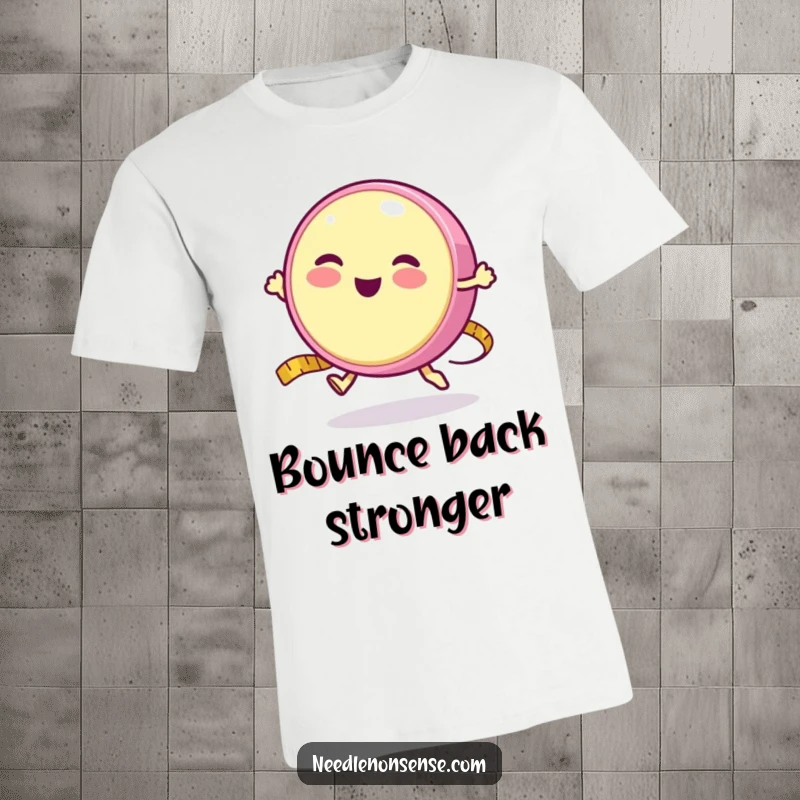 Funny t-shirt of a round measuring tape character joyfully bouncing like a yo-yo, full of playful energy.