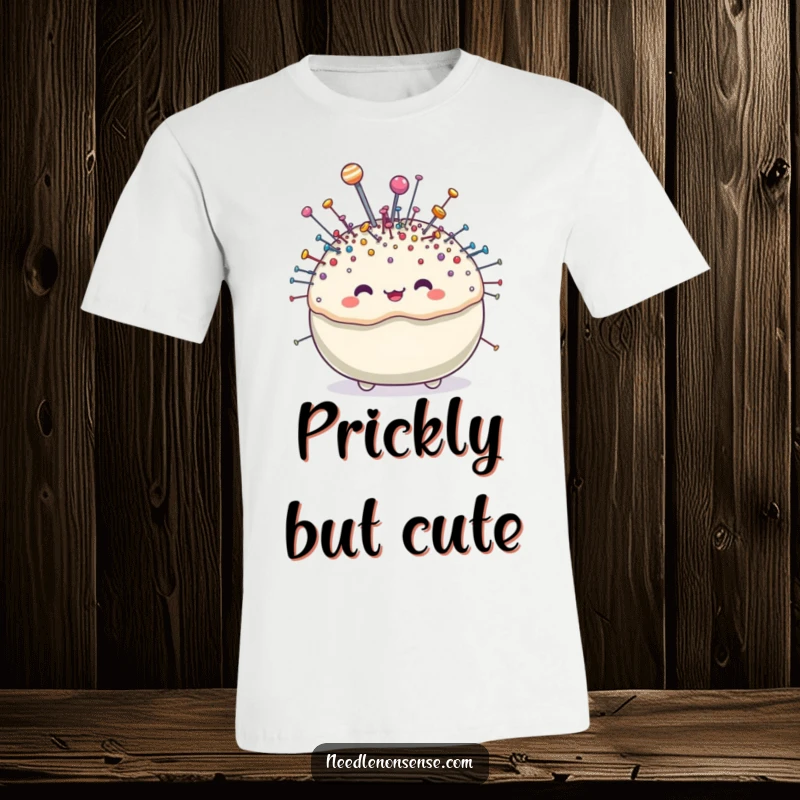Funny pincushion character t-shirt, overflowing with tiny, sparkling pins, a delightful and humorous design for crafters.