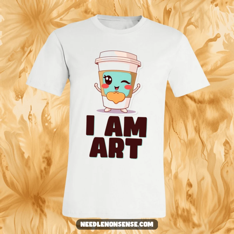 Funny t-shirt depicting a winking coffee cup character confidently displaying a unique and colorful abstract pattern, embodying modern style.