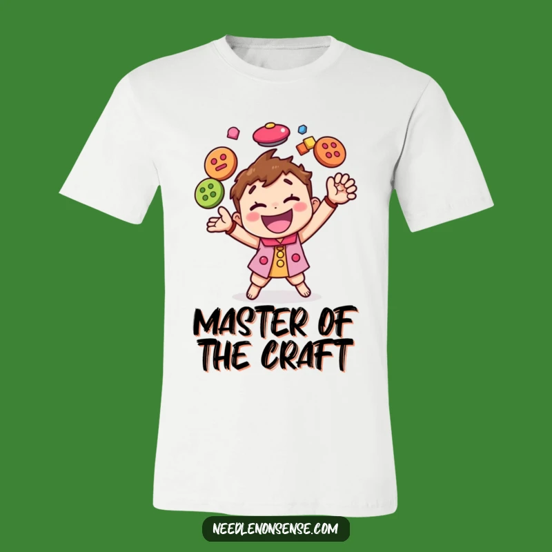 Funny Button Juggling Character T-Shirt, the Ultimate Hilarious Gift for Crafters